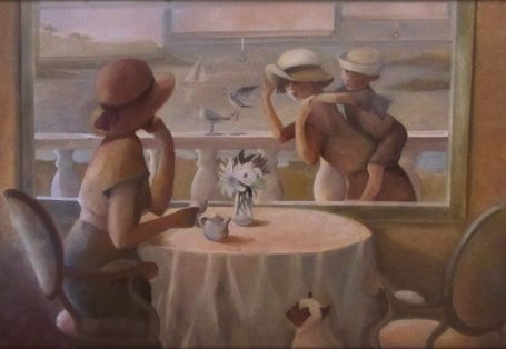 Huile/Pastel à l'huile 65 X 91 Deux femmes en chapeaux regardent l'extérieur depuis une terrasse, un chien à leurs pieds.